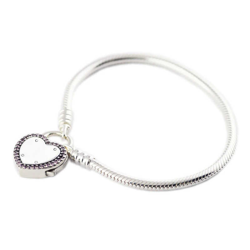

Sterling-Silver-Jewelry Lock Your Promise Bracelets Bangles Female Pink & Clear CZ Charms Bracelets For Women Silver 925 Jewelry