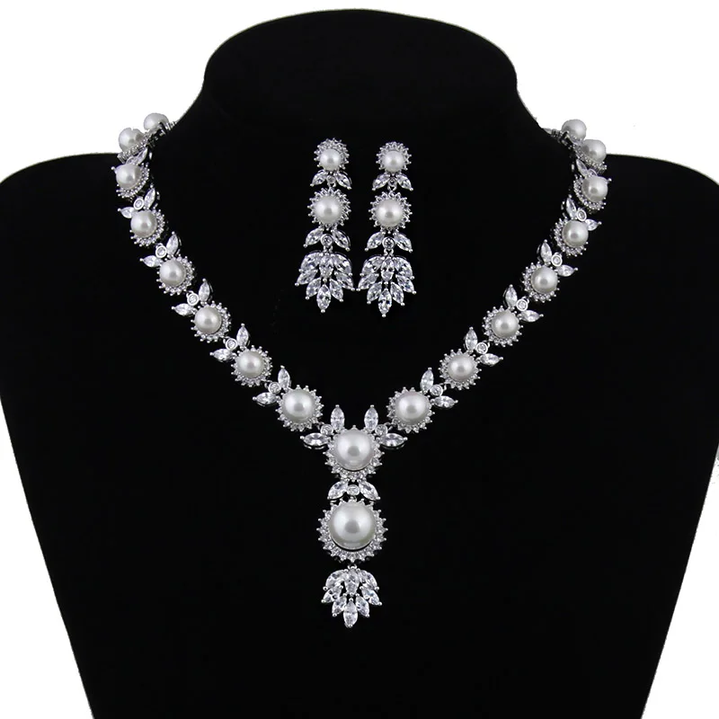 

Luxury Simulated Pearl Jewelry Sets For Women Wedding African Beads Vintage Jewelry Sets With AAA+ Cubic Zirconia Jewelry WS120