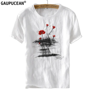 

Linen Cotton Cool Breathable Anti-static Men T Shirt Short Sleeve Floral Embroidery Casual White O-neck Quality Man T-shirts