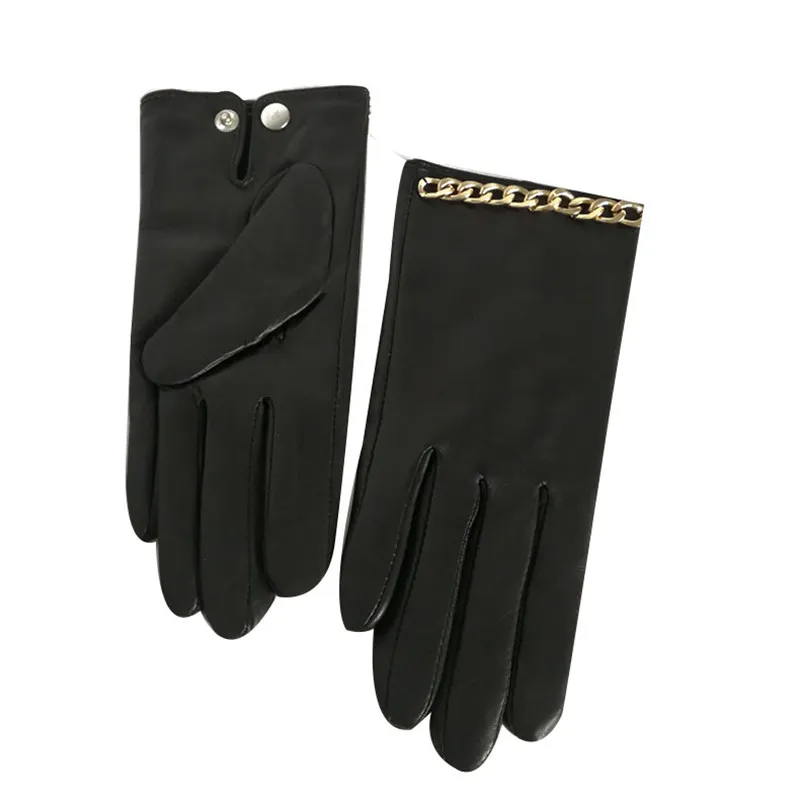 

Genuine Leather Gloves Female Vintage Chains Decoration Thin Velvet Lined Spring Autumn Sheepskin Gloves Woman Driving TB121