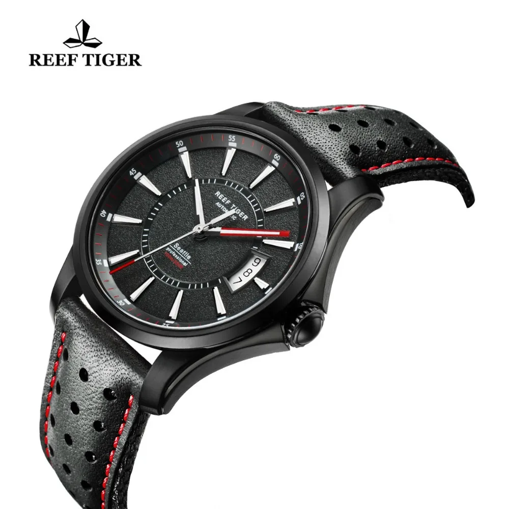 Reef Tiger/RT часы Сиэтл черный стальной чехол часы для мужчин большая дата Супер Светящиеся автоматические часы RGA166
