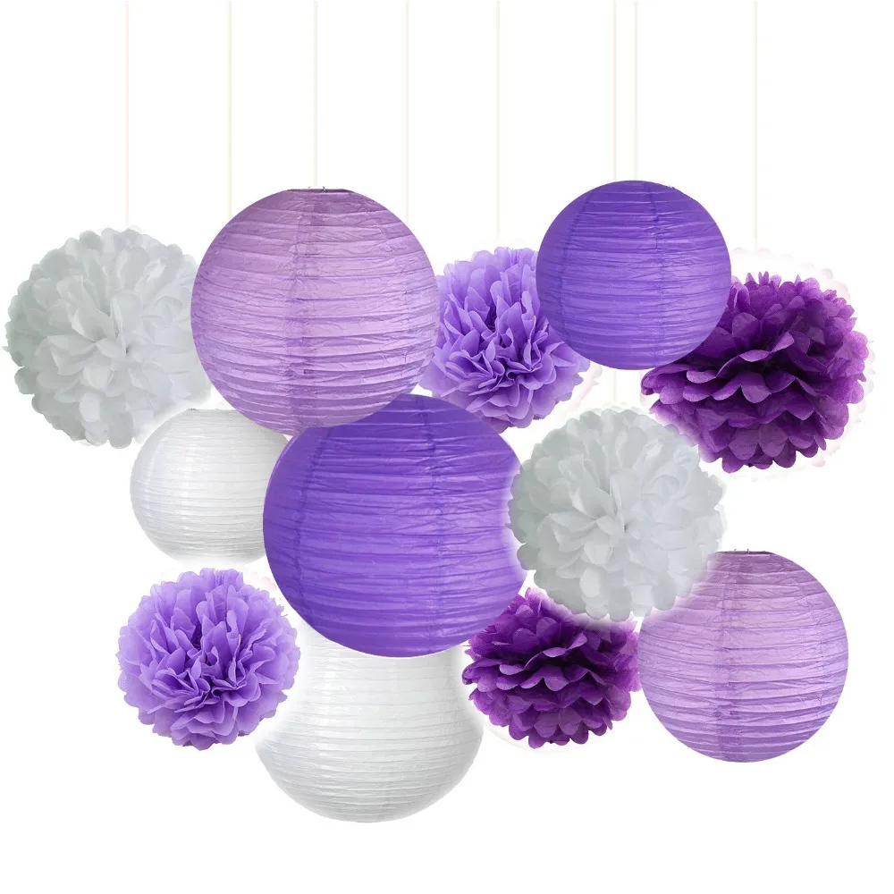 

Pack of 12 Lavender Dark purple White Paper Crafts Tissue Paper Lanterns Paper Pom Poms Birthday Wedding Party Decoration