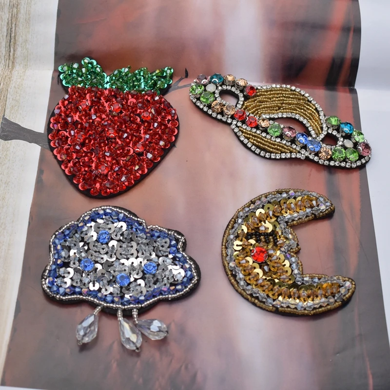 

NEW! Handmade Rhineston beaded Patches cloud moon strawberry planet Sew on crystal patch for clothing beading Applique