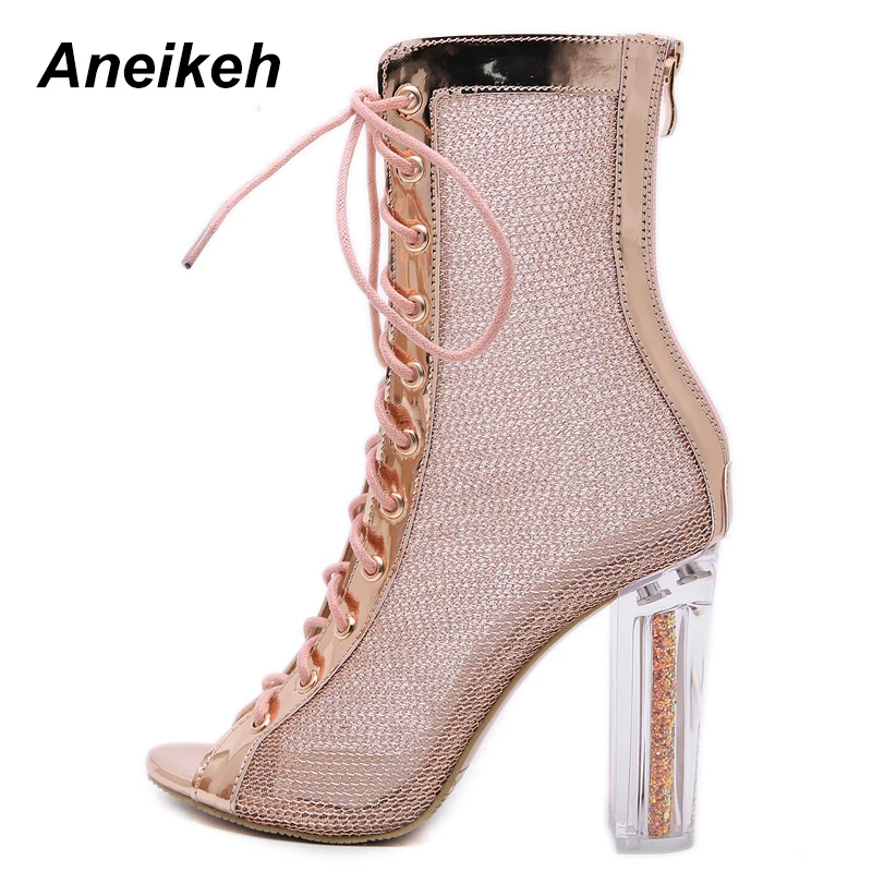Skup Aneikeh kobiety sznurowane botki sandały z wystającym palcem Botas Mujer gladiatorki na wysokim obcasie botki modne bling przezroczyste Chunky Heel