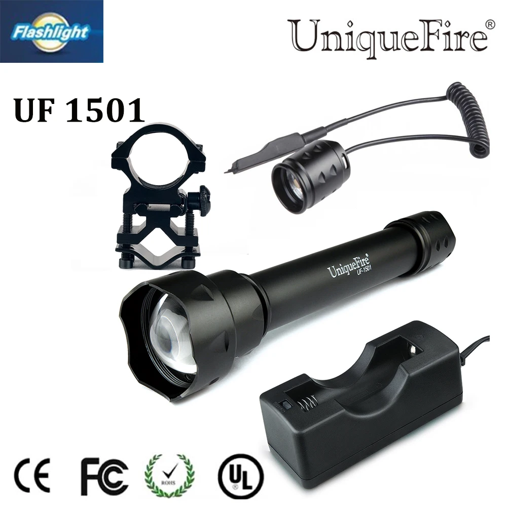 

Hot sale Uniquefire 1501 IR 940nm LED Flashlight Zoomable 3Modes Waterproof Torch+Charger+Tactical Remote+Scope Mount free ship