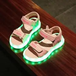 Летние нескользящие легкие сандалии для мальчиков Led красочные огни легкие сандалии для девочек зарядка через usb детей флэш-обувь