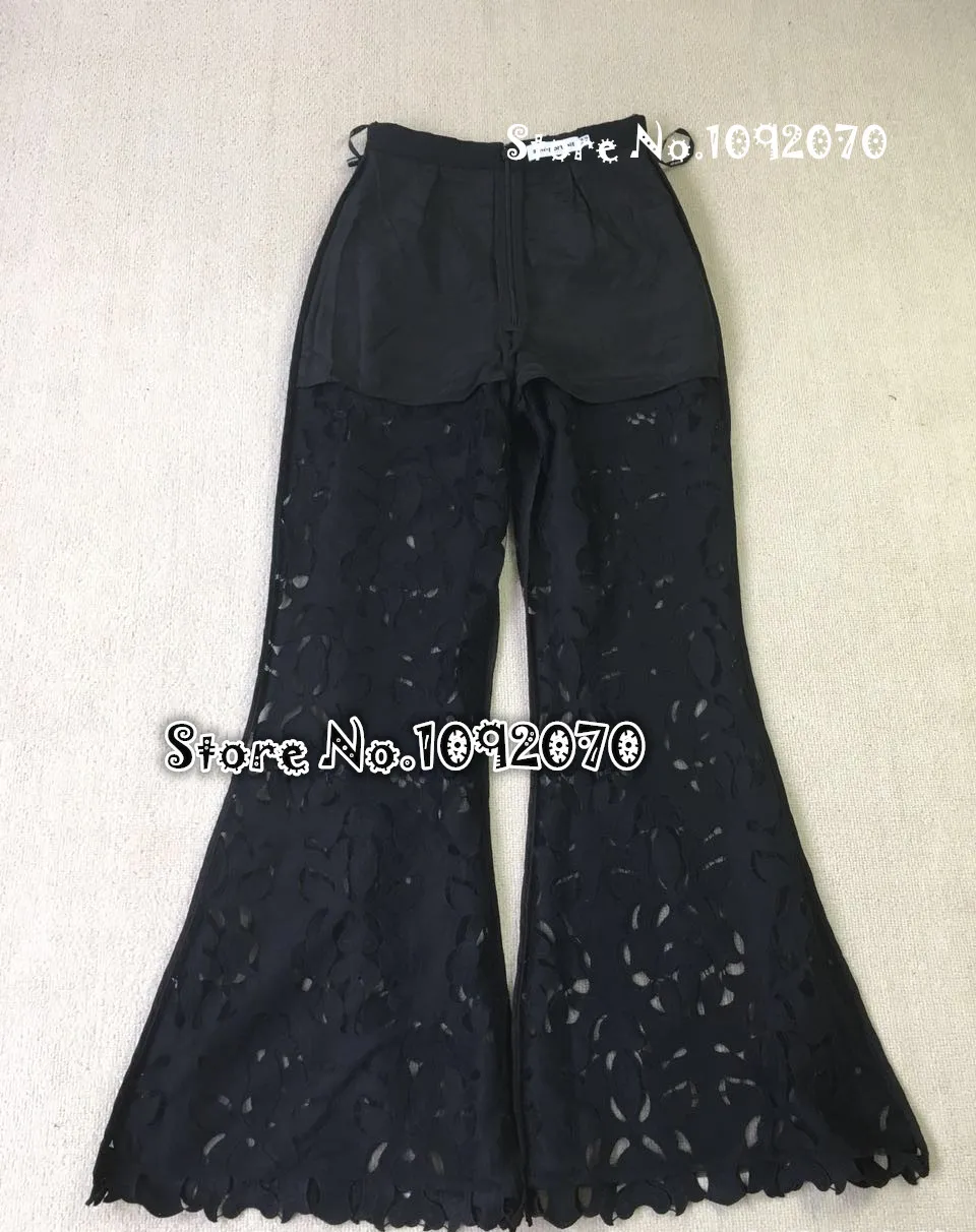 Женские кружевные брюки Черные гипюровые кружевные расклешенные с фестонным краем брюки с короткой подкладкой