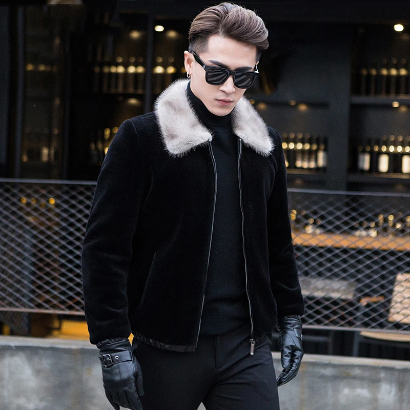 

Real Sheepskin Leather Jacket For Men Short Black Wool Coat Plus Size 4XL Natural Mnnk Fur Collar Outwear jaquetas de couro 319