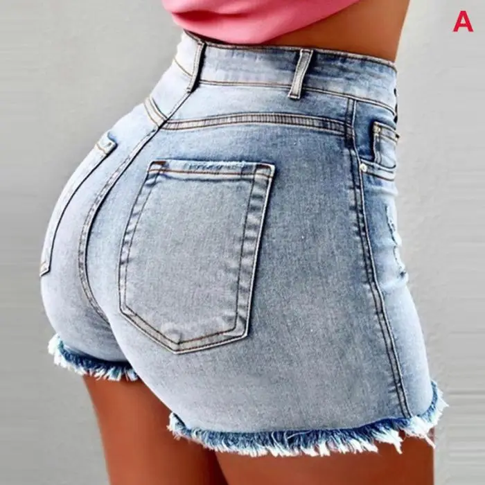 Женские короткие джинсы с высокой талией бахромой Hem Holes hot shorts для лета-MX8