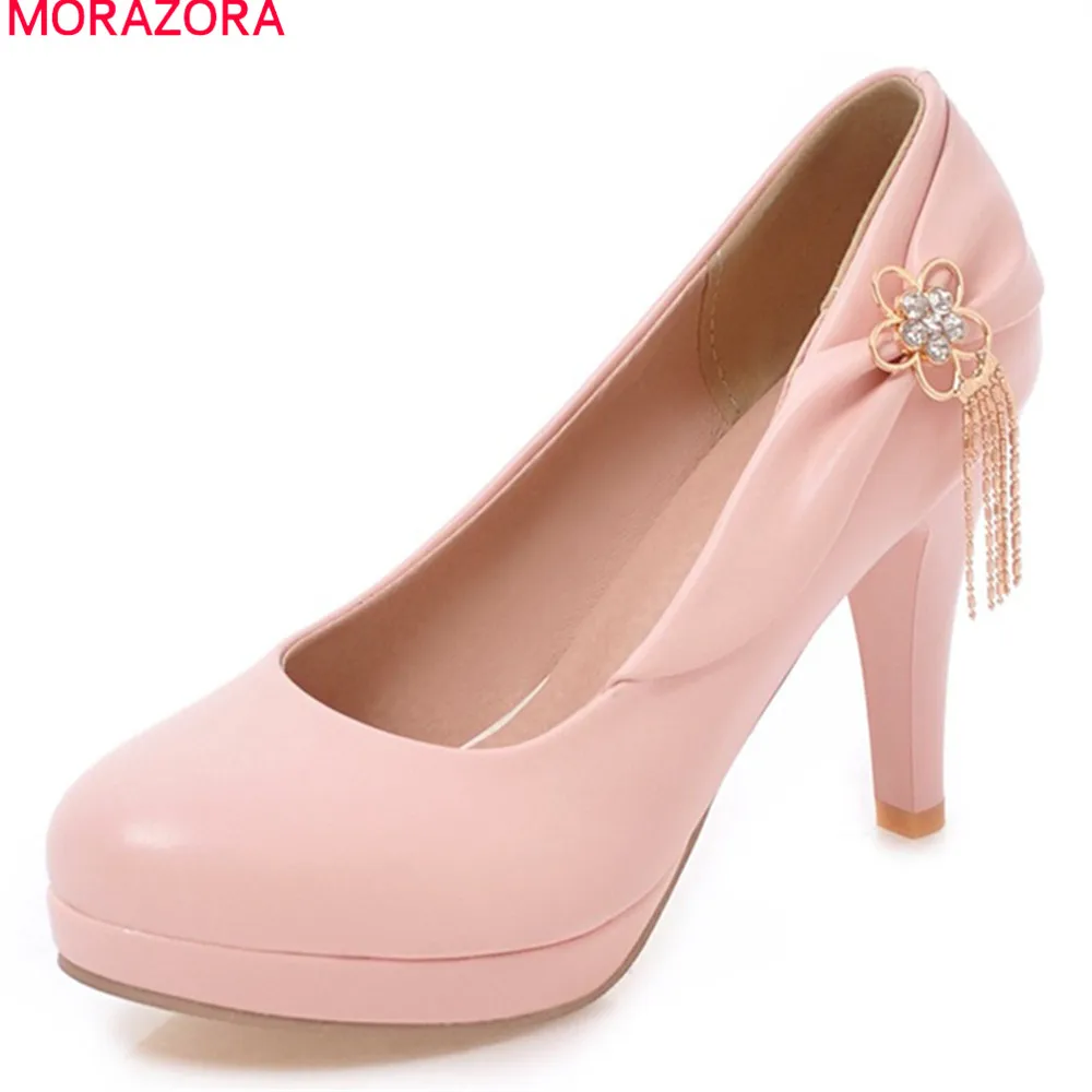 

MORAZORA spring summer round toe platform shoes with metal decoration shallow slip on extreme high heels pumps women shoes