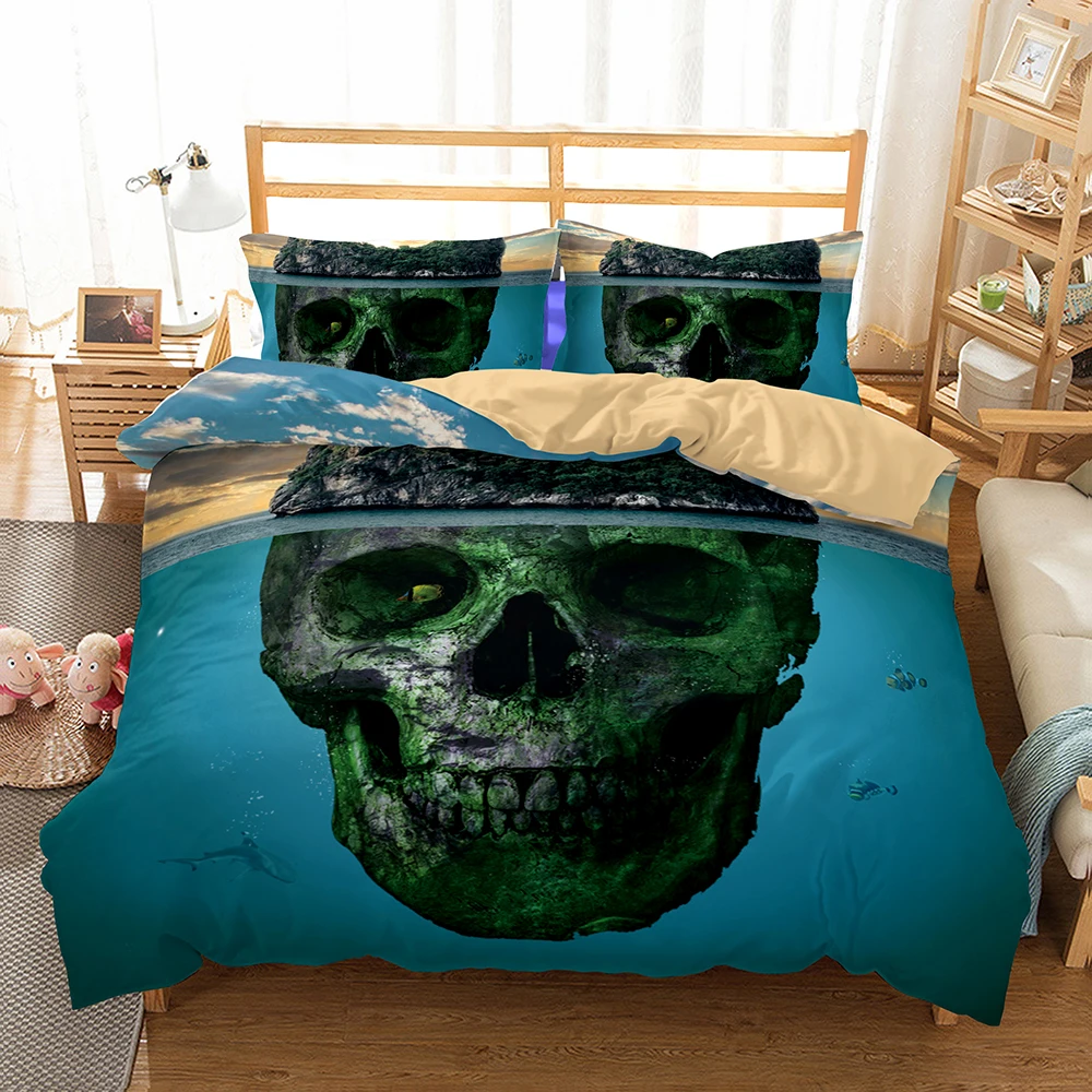 HELENGILI 3D طقم سرير الجمجمة طباعة حاف مجموعة غطاء نابض بالحياة أغطية مع المخدة طقم سرير المنسوجات المنزلية #2-01
