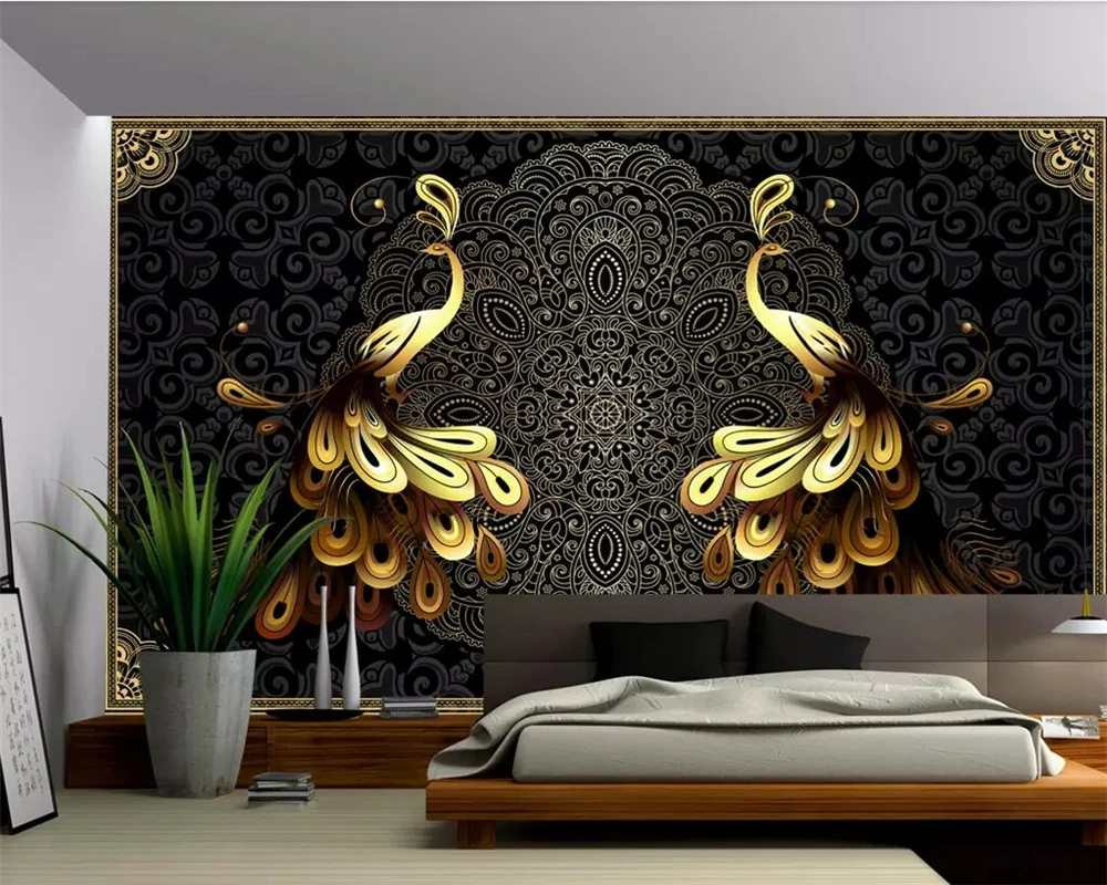 Beibehang Papier Peint Mural 3d Sur Mesure Grand Format Luxe Europeen Noir Or Fond De Paon Pour Salon Aliexpress