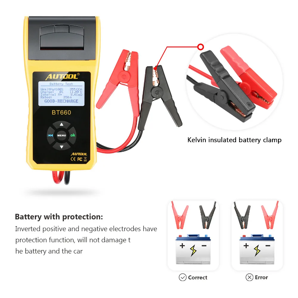 AUTOOL BT660 12V 24V Car Battery Tester Auto Cranking Charging Tester CCA Vehicle Starting System Diagnostic Tool with Printer
