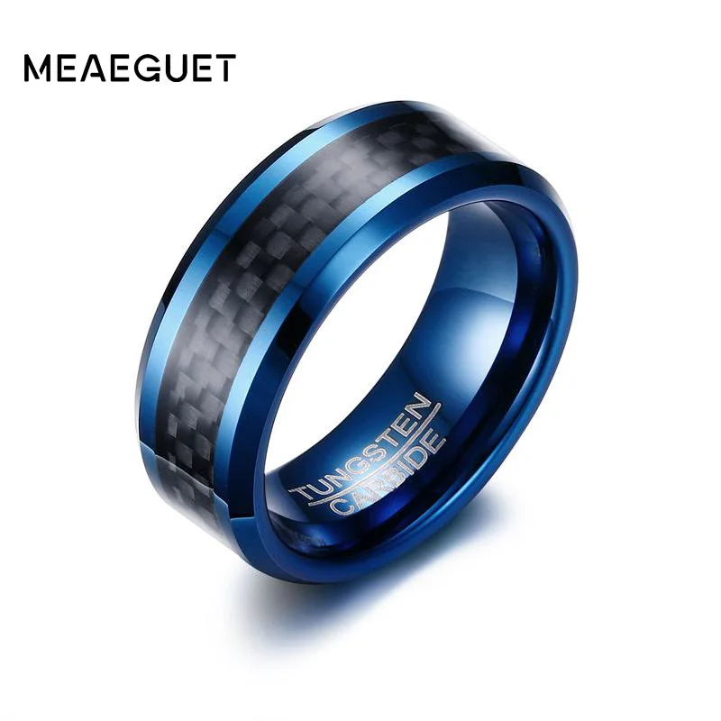 Meaeguet Trendy 8MM Blue Tungsten Carbide Ring For Men Jewelry Black Carbon Fiber Wedding Bands USA Size