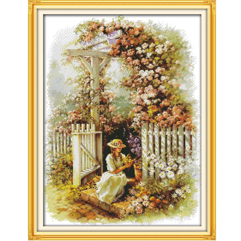 

Joy Sunday Set For Embroidery Kit Needlework Garden Girl Flower Cross Stitch Printed Counted Cross-Stitch Kit