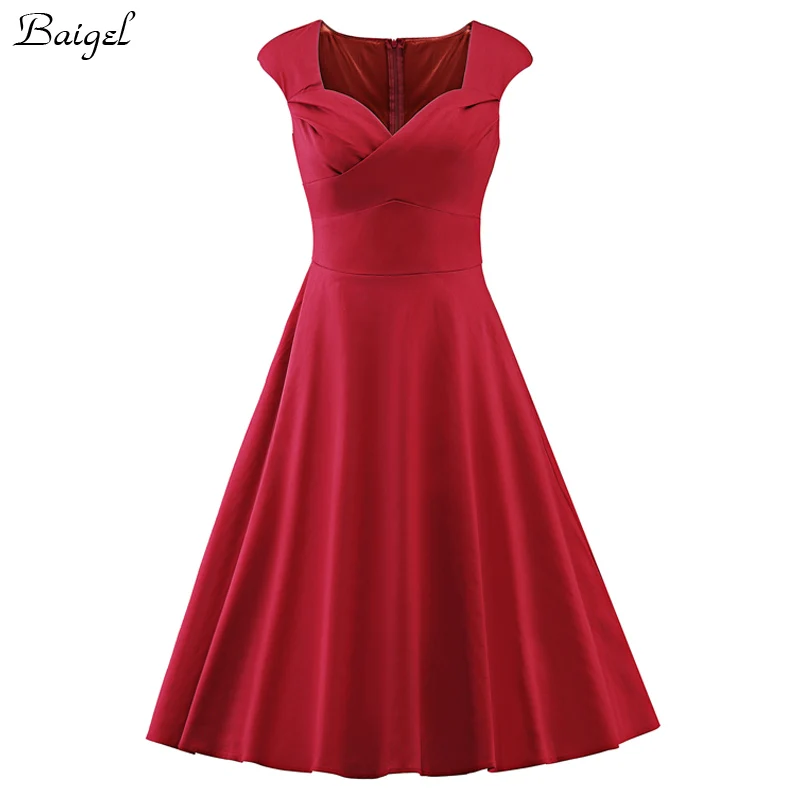 Womens Sexy V-Neck Summer Vintage Dress 50s 60s Retro Pinup Rockabilly Swing Burgundy Red Green Ball Gown Wedding Party Dresses