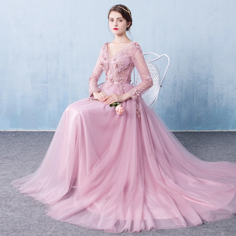 Evening Dress Long Sleeve 2019 A line Flowers V Neck Pink Lace Flowers Tulle Prom Dresses Lace Up Robe De Soiree Longue Dentelle
