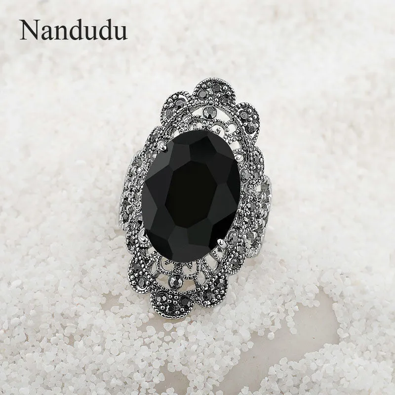 Nandudu марказит кольца черный камень Австрийские кристаллы Новое Поступление Женское кольцо в виде цветка, ювелирное изделие подарок R1037