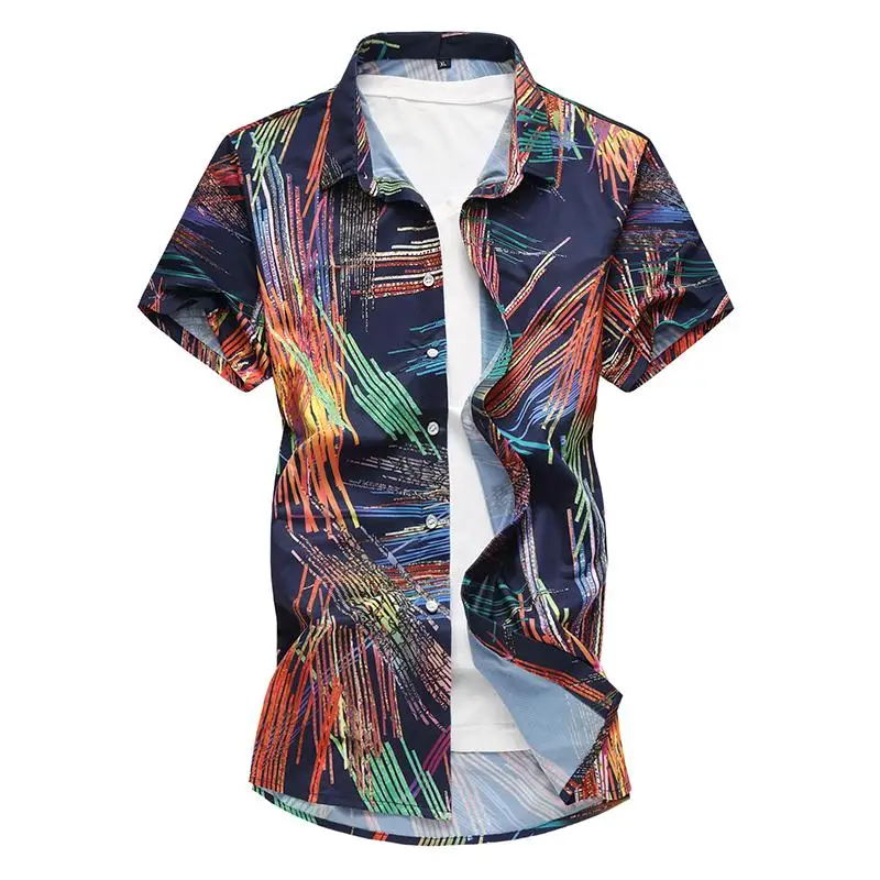 

Hawaiian Shirt Mens clothing Camisa masculina Blouse Men White Navy Flower Shirt Dress Short sleeve Fashion Stripes