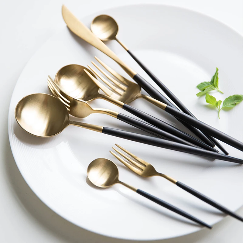 

Stainless Steel Black Gold Plated Fork Spoon Knife Cutlery Set Copper Tableware Dining Utensils Cutlery Portable Storage 1piece
