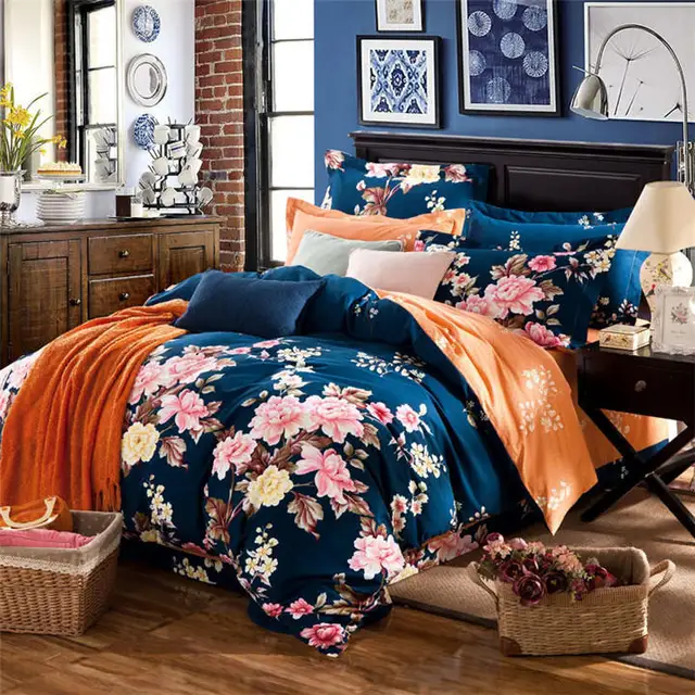 Beautiful Blue Flower Printed Brushed V Cotton Bedding set Reactive