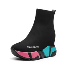 Женские ботинки-носки; коллекция года; сезон осень-зима; ботильоны на скрытой танкетке; женские ботинки; Зимняя Повседневная Теплая обувь на платформе и высоком каблуке для девушек