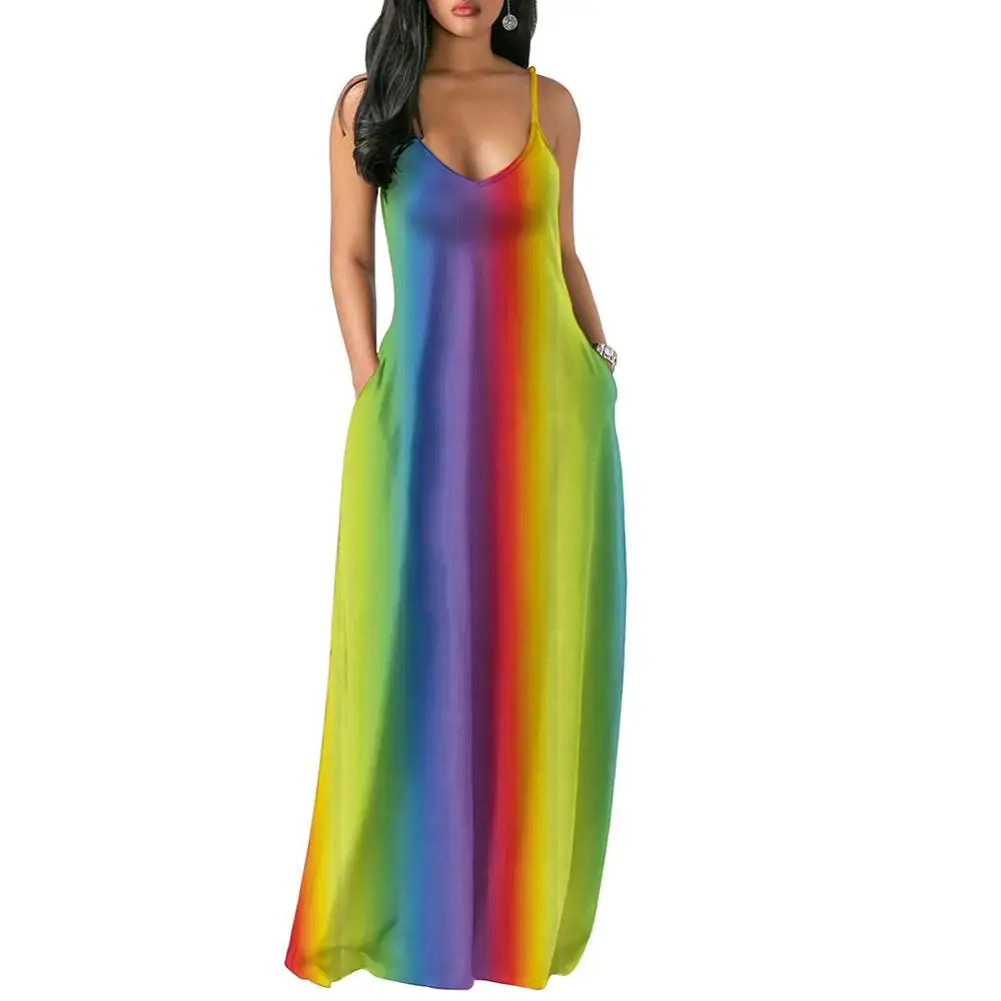 

Fashion Boho Tie Dye Rainbow Print V Neck Women Sling Spaghetti Strap Backless Summer Beach Lady Long Maxi Dress with Pockets