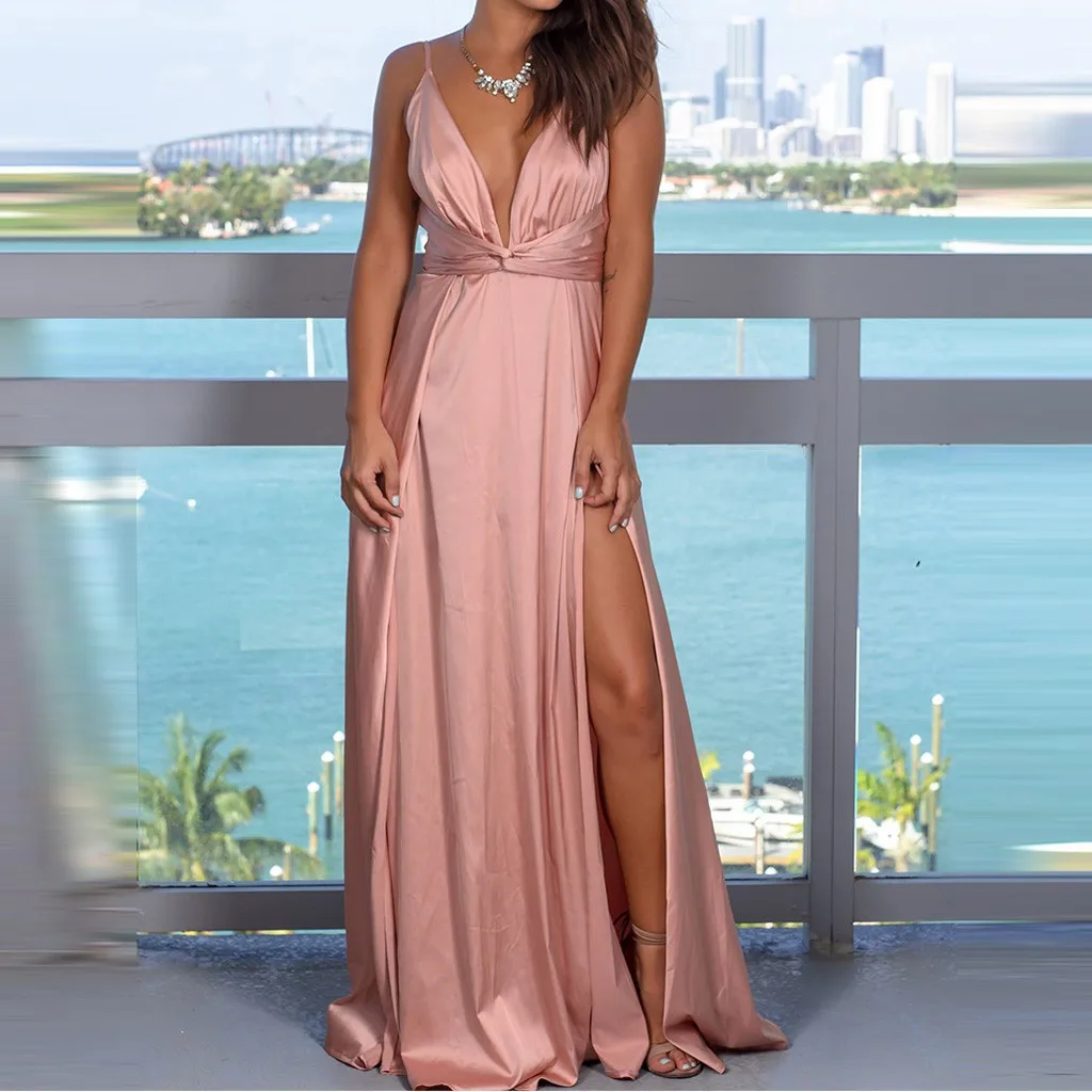 

Regarder Store ♥ 2019 Women Fashion Sexy V-Neck Solid Color Sling points Fork Sleeveless Summer Dress Women Party Dress