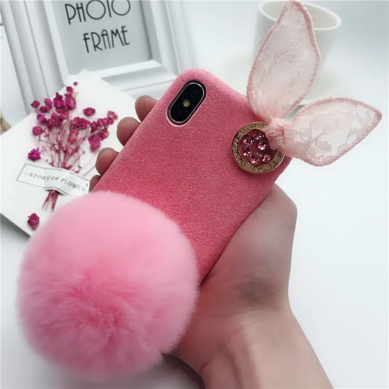 Модный чехол для iPhone Xs Max теплый меховой с шариком кружевной ушками кролика