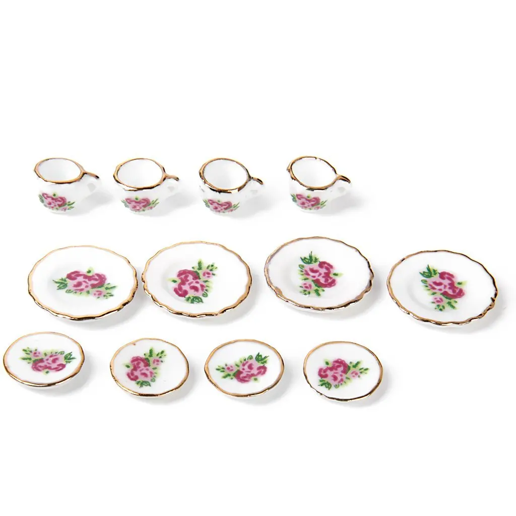 15 фарфоровый набор из… предметов чайный набор кукольный домик миниатюрные продукты Китайские розы блюда и чашка для украшения кукольного дома, для декоративных целей