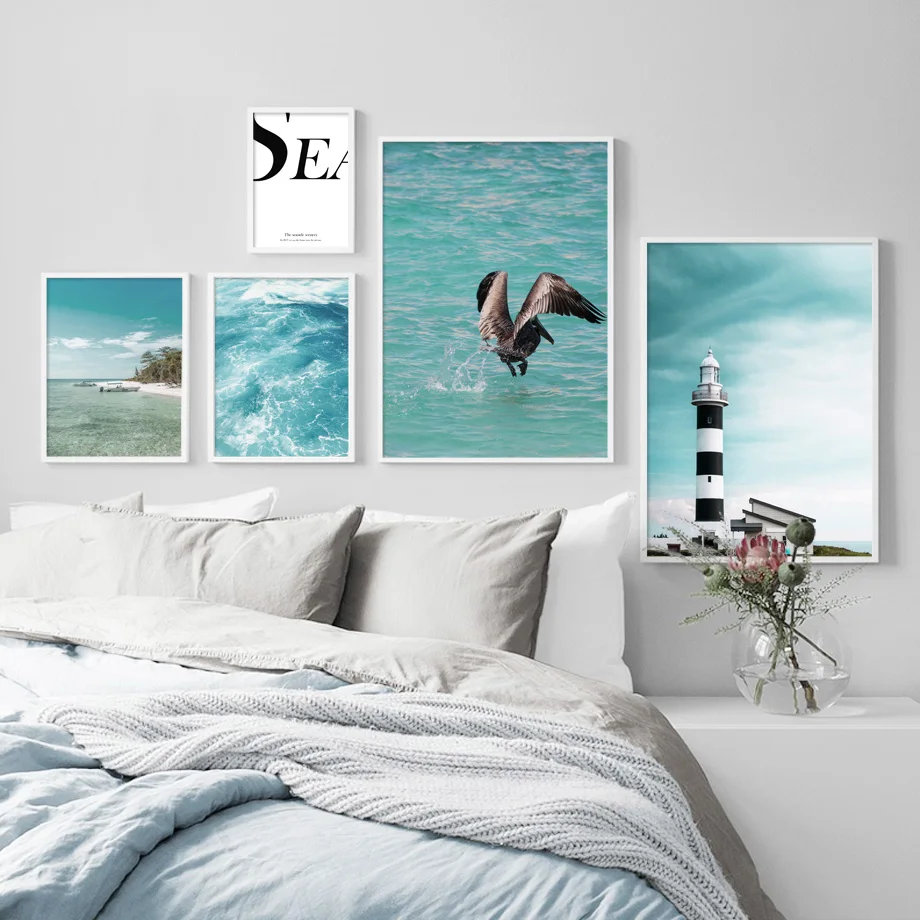

Wall Art Canvas Painting Blue Sea Beach Light House Bird Nordic Posters And Prints Salon Canvas Pictures For Living Room Decor