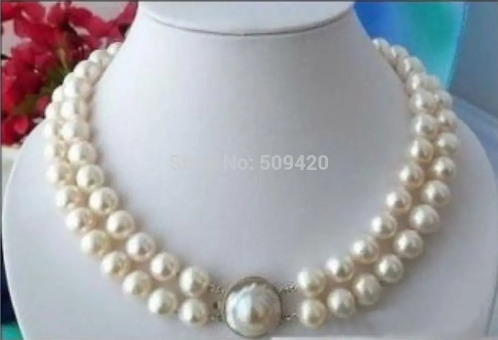 

~~ Free Shipping >charming AAA 2 ROW 9-10mm WHITE ROUND natural south sea pearl necklace 18-19