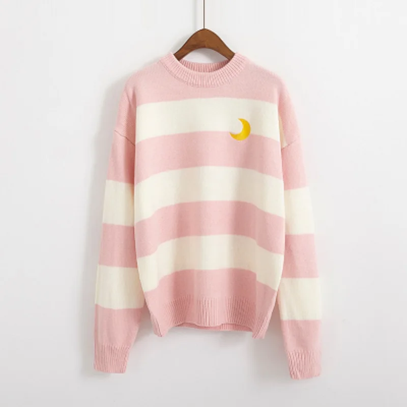 Зимний корейский свободный свитер ulzzang с круглым вырезом, Модный повседневный вязаный свитер с вышивкой Луны, шикарный Полосатый Простой женский свитер с круглым вырезом - Цвет: pink