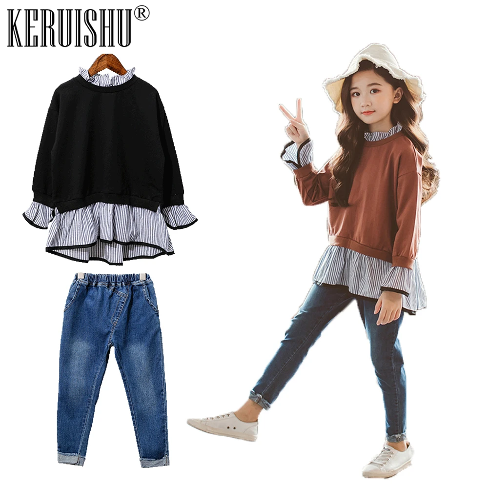 

KERUISHU Baby Girls Clothes Set Winter Autumn Solid Long Sleeve Cotton Sweater Blouse + Casual Jeans 2 pieces set Kids Girl Suit
