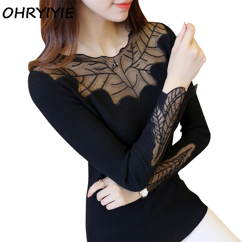 

OHRYIYIE Knitted Sweater Women 2019 Autumn Winter Sexy Lace Patchwork Full Sleeve Women Sweaters And Pullovers Female Pull Femme