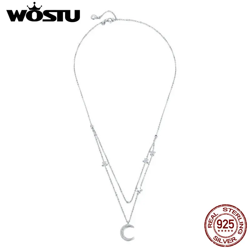 WOSTU, роскошное 925 пробы Серебряное ожерелье с подвеской в виде Луны и звезд, регулируемая двойная Длинная цепочка для женщин, модное ювелирное изделие FNN038