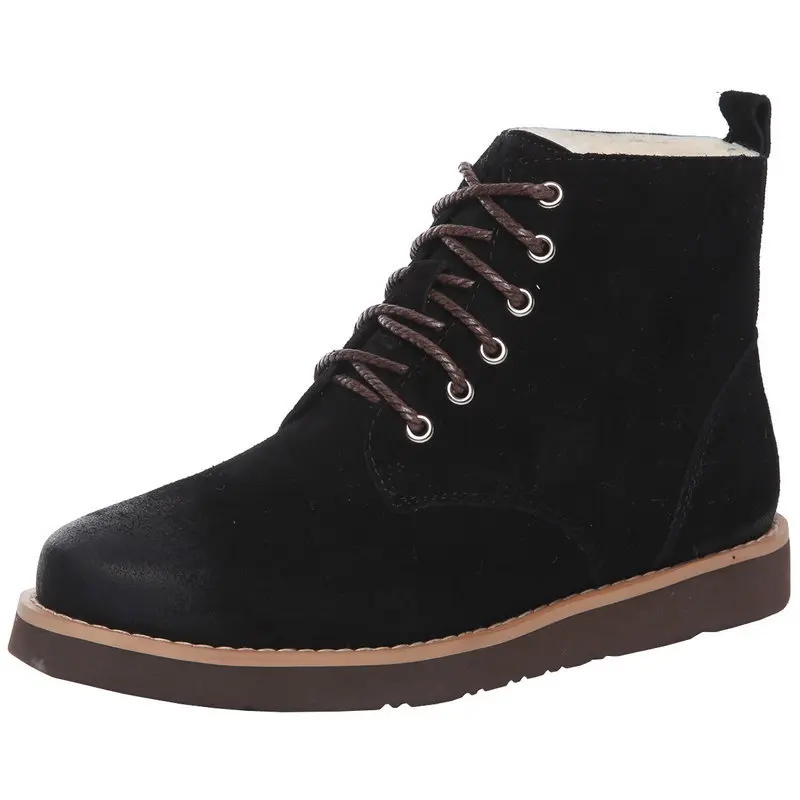 

CHAISHOU 2018 winter couple lace-up shearling booties woman shoes black snow boots flat leather Martin boots