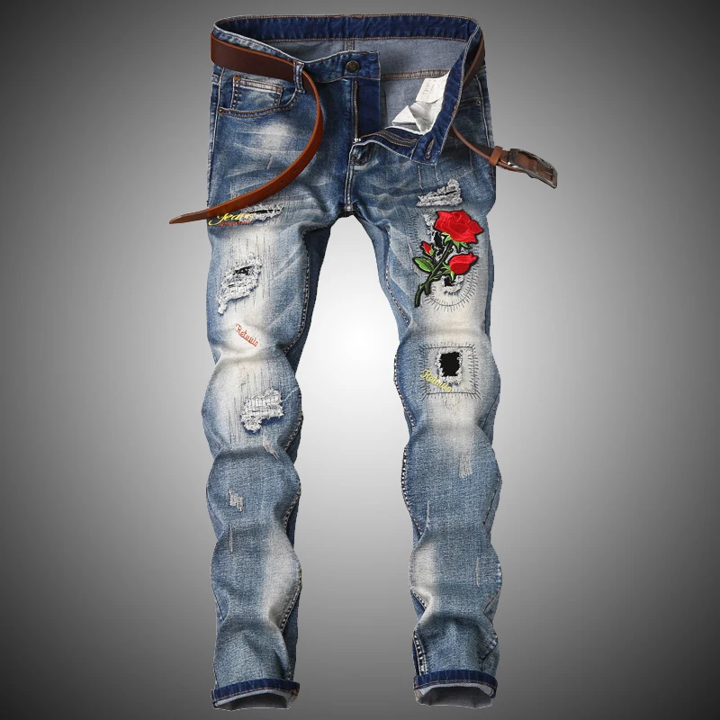 Mens Rose Embroidery Jeans Slim Fit Streetwear Hole Distressed Denim