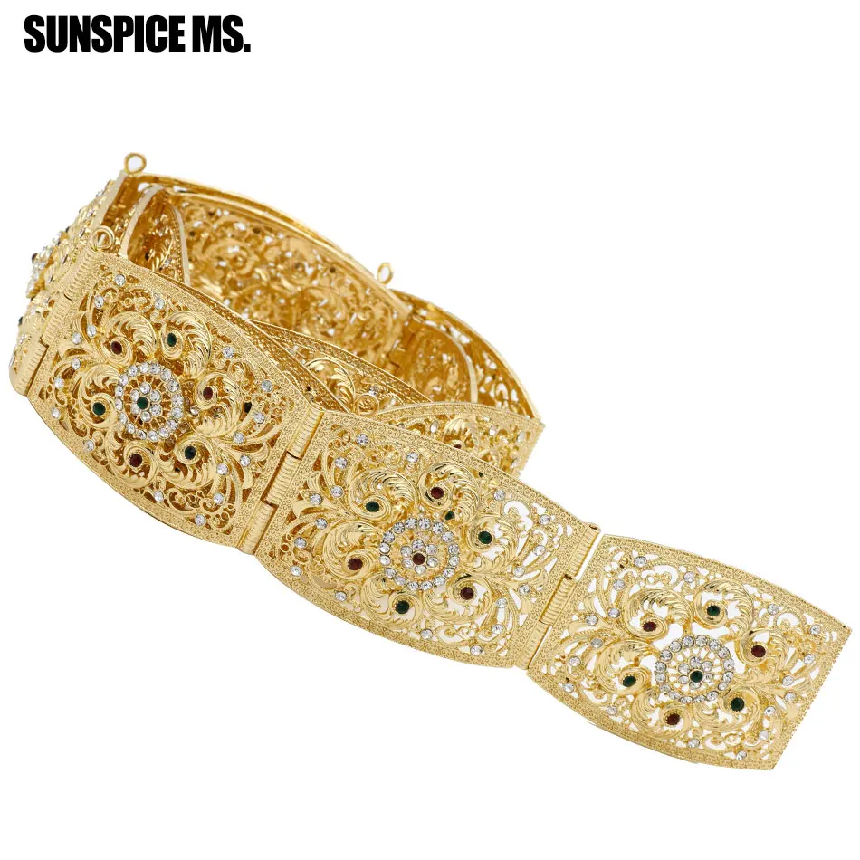 

SUNSPICE MS Flower Rhinestone Metal Waist Chain Body Jewelry Gold-Color Caucasus Vintage Bridal Wedding Dress Square Button Belt