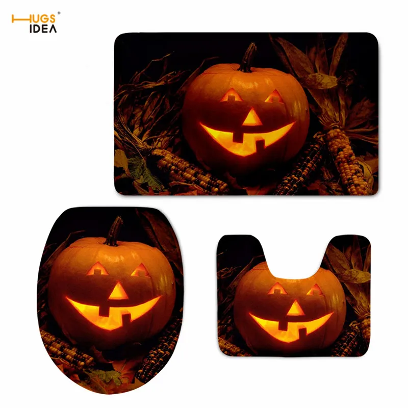Halloween Pumpkin Light Toilet Seat Cover And Rug Bathroom Set Halloween Decor