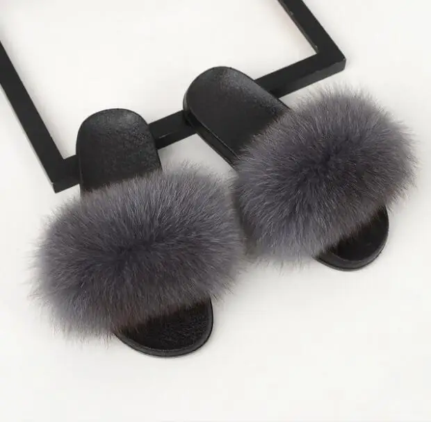 Deep Grey FURFEER/женские меховые тапочки; женские шлепанцы из натурального Лисьего меха; Домашние меховые сандалии на плоской подошве; Женская милая пушистая домашняя обувь; женская брендовая Роскошная обувь - Цвет: Deep Grey