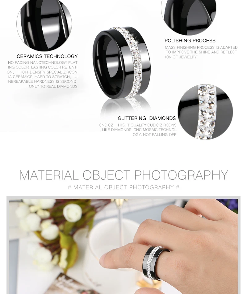 10 мм ширина двухрядные Кристальные женские кольца, бижутерия, гладкие черно-белые керамические кольца из керамического материала, модное обручальное кольцо