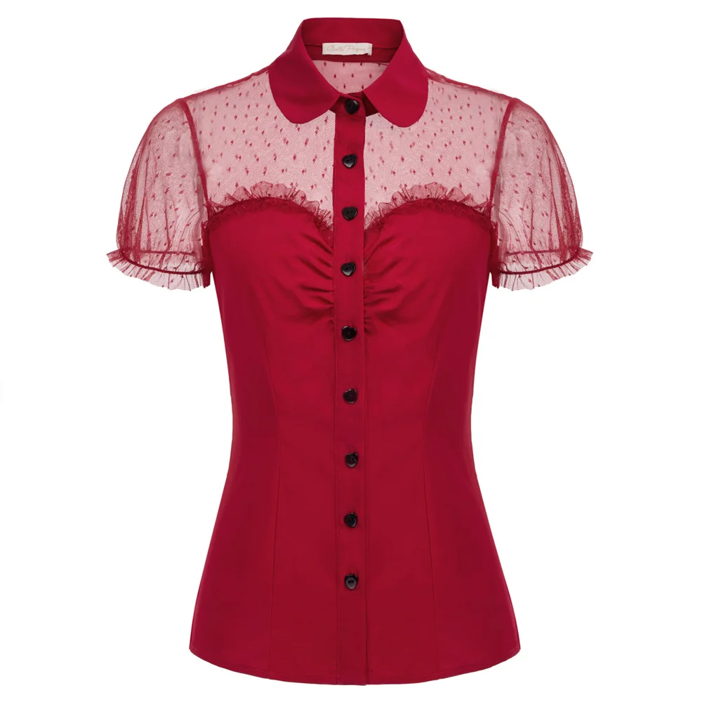 

Women's Short Sleeve shirt summer vintage style Lapel Collar Red Buttons Mesh Fabric Patchwork Tops ladies elegant work blouse