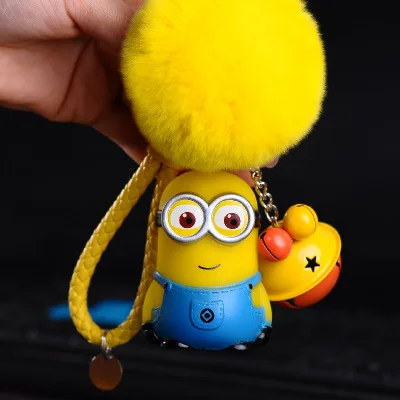 Cute Cartoon Despicable Me Minions Fur Ball PomPom Pom poms Keychain Women Leather Strap Metal Key Ring Chains Car Bag Charm D34