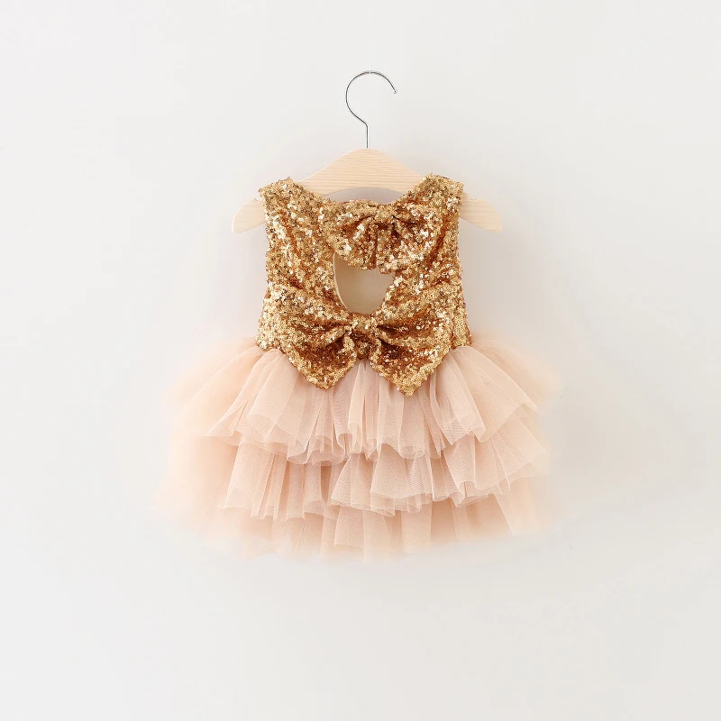2017 Hot gold sequin tulle layered dresses Backless Oversize Bow Girls Puffy Dresses Pink Red Sleeveless Tutu Costume Wholesale | Детская