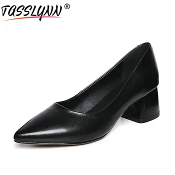 

TASSLYNN 2019 Women Pumps Square High Heels Cow Leather PU Women's Shoes Pointed Toe Shallow Slip on Ladies Shoes Size 34-43