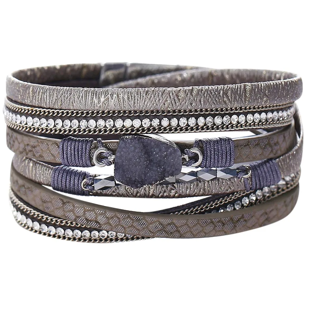Gray Zerotime# H5 модный Многослойный кожаный браслет-украшенная тесьмой Обертка манжета с магнитом из сплава элегантная - Окраска металла: Gray