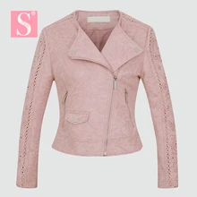 STVY Женская замшевая куртка с длинным рукавом мотоциклетная кожаная куртка женская открытая сетка с вышивкой Весенняя Осенняя короткая куртка