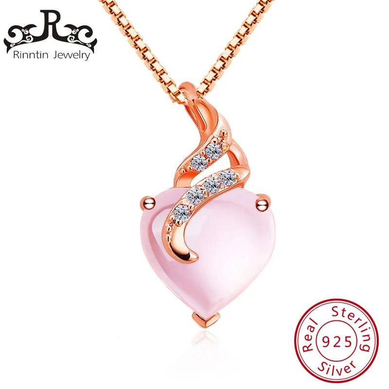 

Rinntin Real 925 Sterling Silver Women Necklaces&Pendants Heart Shape Pendant With Rose Gold Color Chain Female Jewelry TPSN12