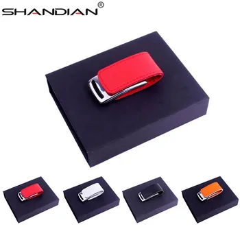 

SHANDIAN Wholesale Leather & metal keyring chain USB+box flash drive PenDrive fashion creativo memory stick 64GB 16gb 4gb U Disk